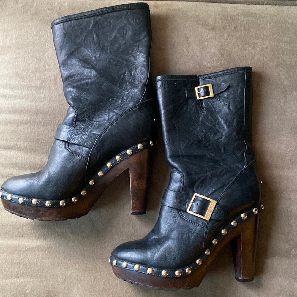 Jimmy Choo Leather, Brass Nailhead, Wooden Sole Platform Ankle Booties